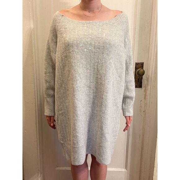 STAUD Gray Sequin Alpaca Oversized Pullover Sweater Dress Top Women's Size Small - Picture 1 of 10